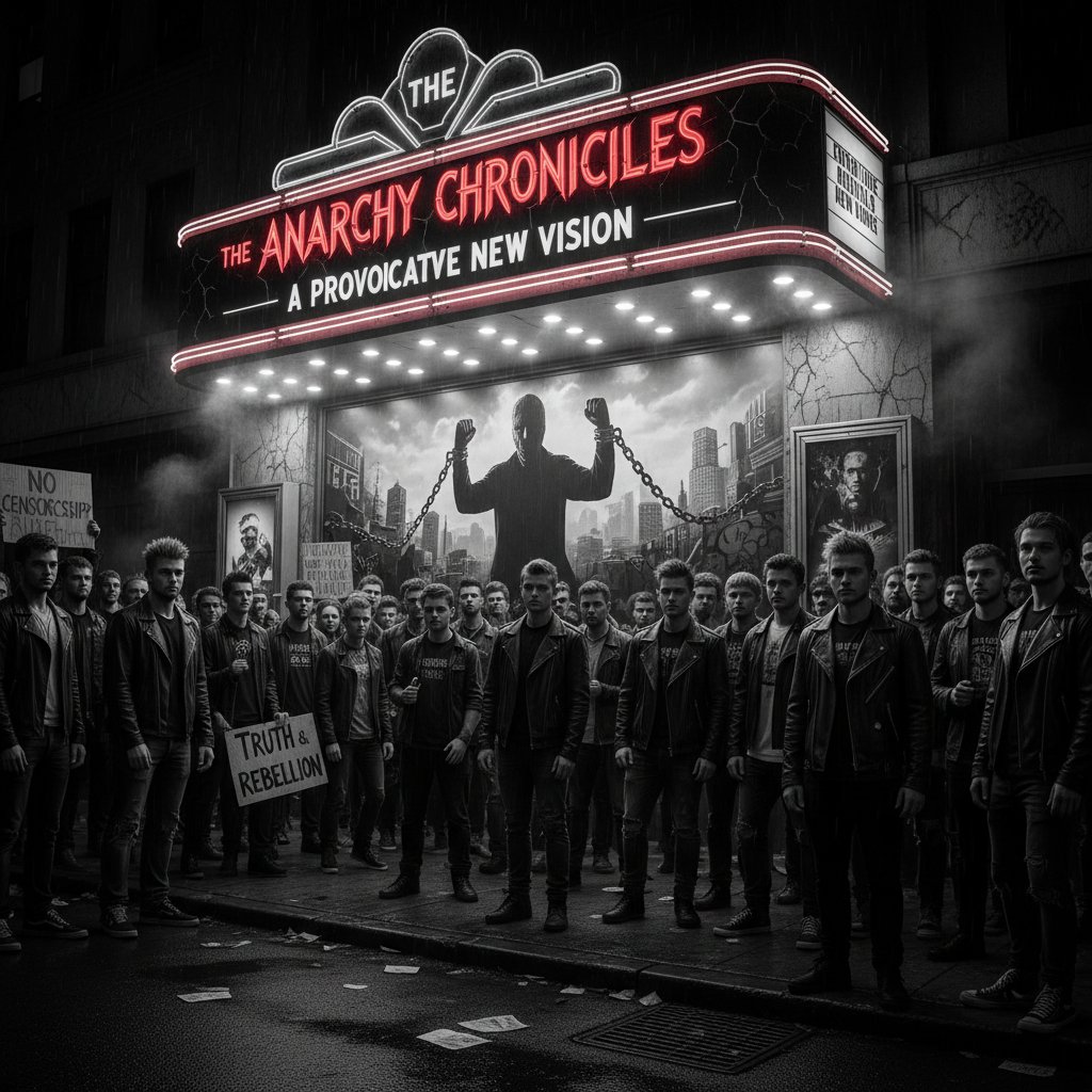 Urban crowd watching a provocative film in a pop-up cinema, high-contrast, rebellious mood