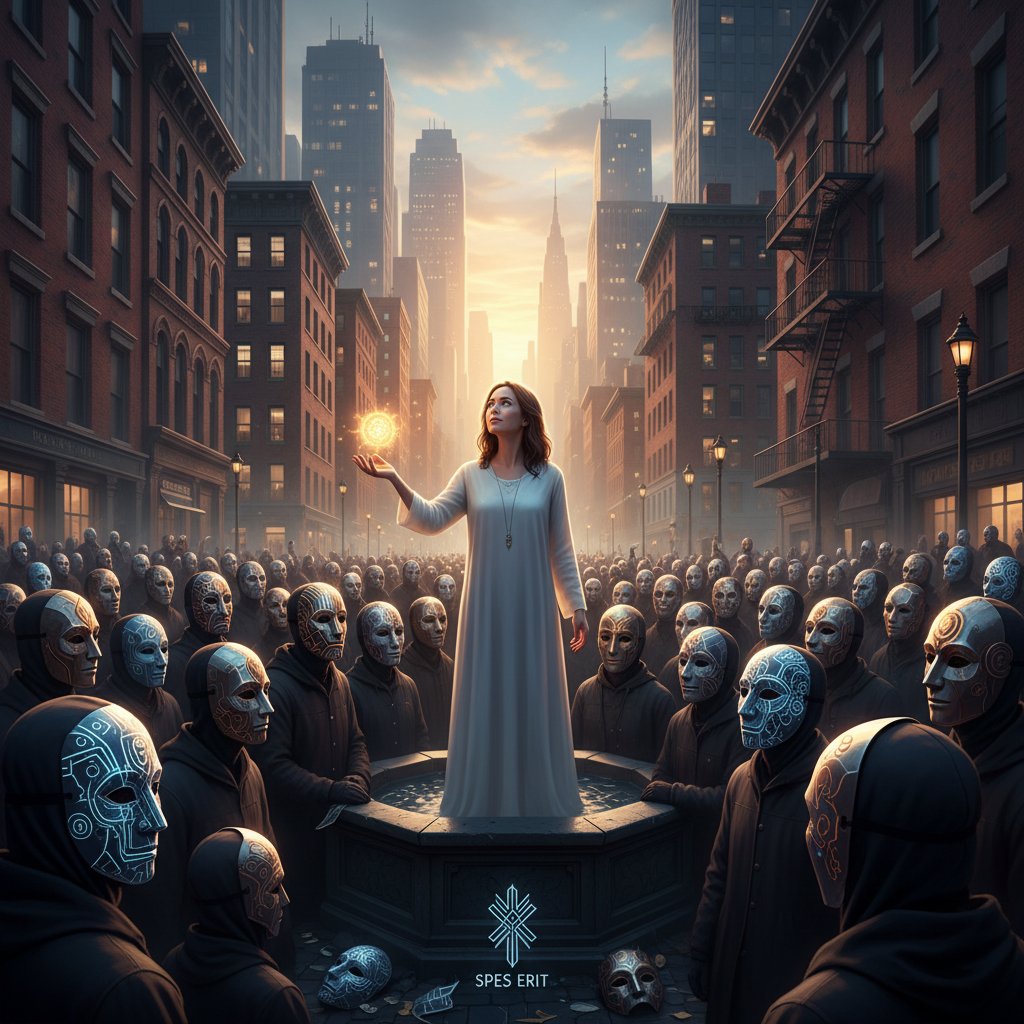 Tłum ludzi w maskach, jedna osoba autentyczna, nadzieja na kongruencję w społeczeństwie