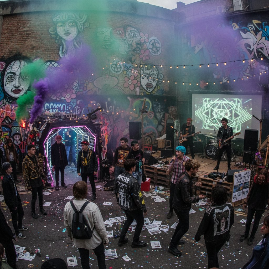 Grupa młodych ludzi organizujących alternatywny event w miejskiej przestrzeni, graffiti, światła, energia buntu