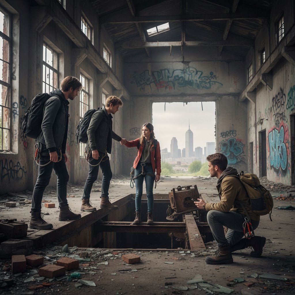 Grupa młodych ludzi eksplorująca opuszczone budynki, urban exploring, zero telefonów