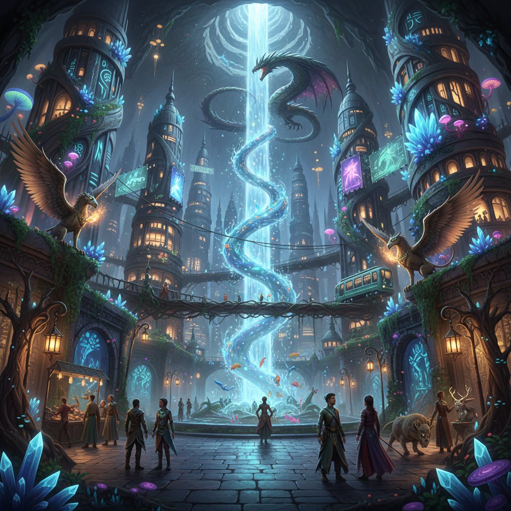 Urban fantasy movie setting in an underground city, featuring glowing structures, magical creatures, and urban elements