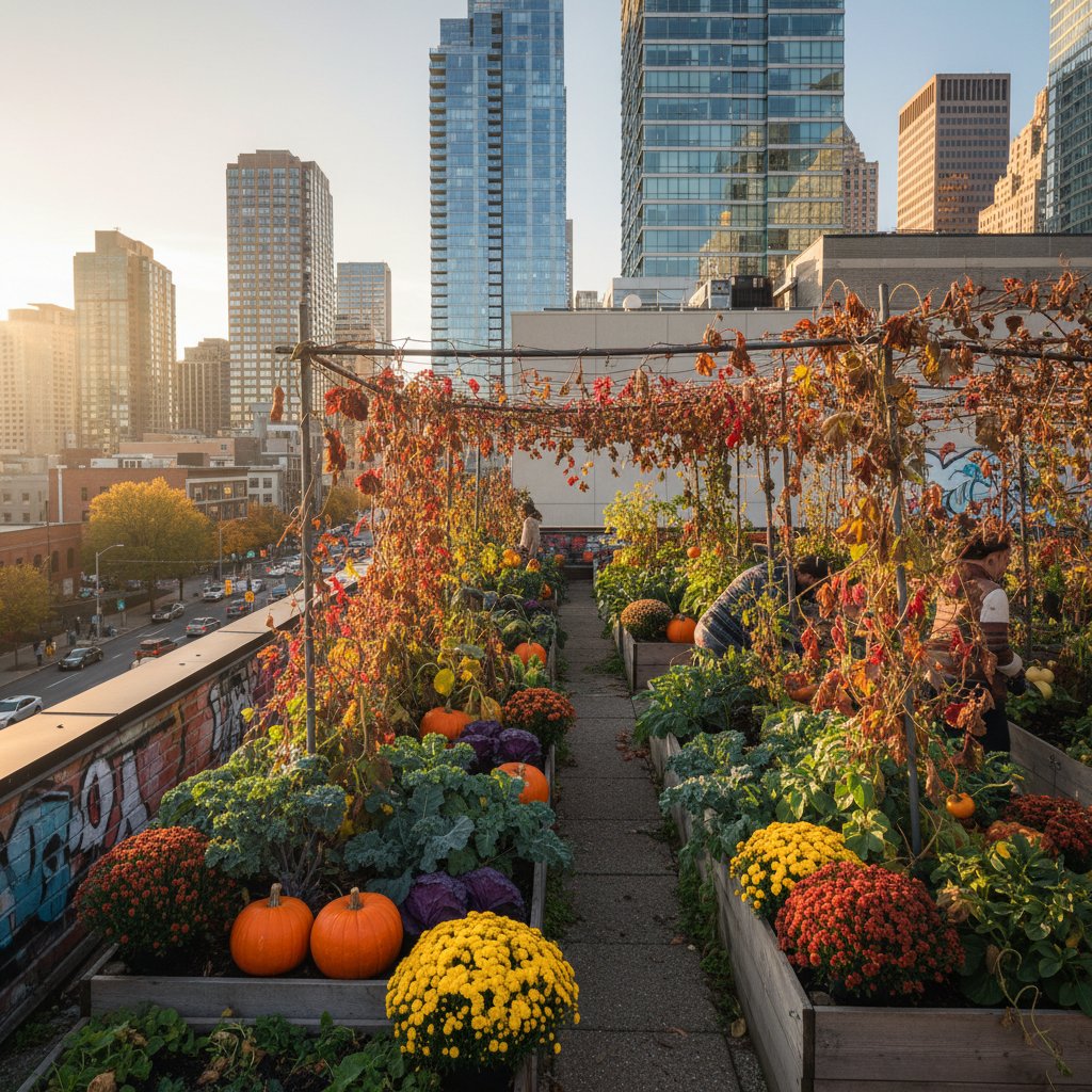 Jesienne grządki w centrum miasta na tle bloków i drzew z opadającymi liśćmi