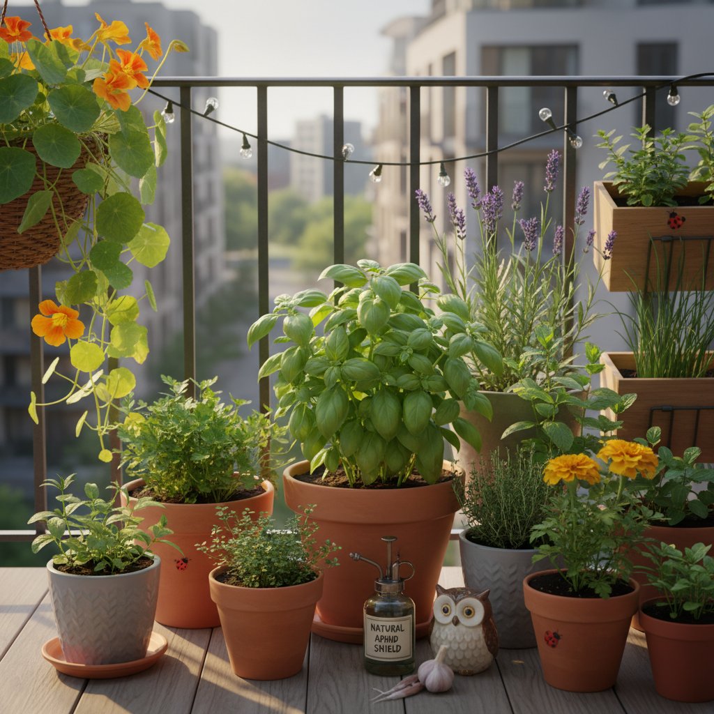 Różnorodne rośliny odstraszające mszyce w donicach na balkonie, światło poranne, miasto w tle