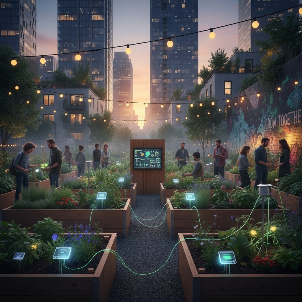 Miejski ogród społecznościowy z czujnikami i mieszkańcami w świetle zachodzącego słońca