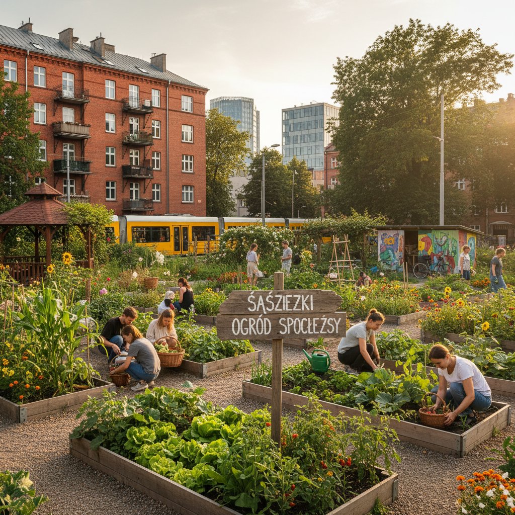 Mieszkańcy bloków sadzący warzywa na podwórku, miejskie ogrodnictwo, Polska, miejski aktywizm