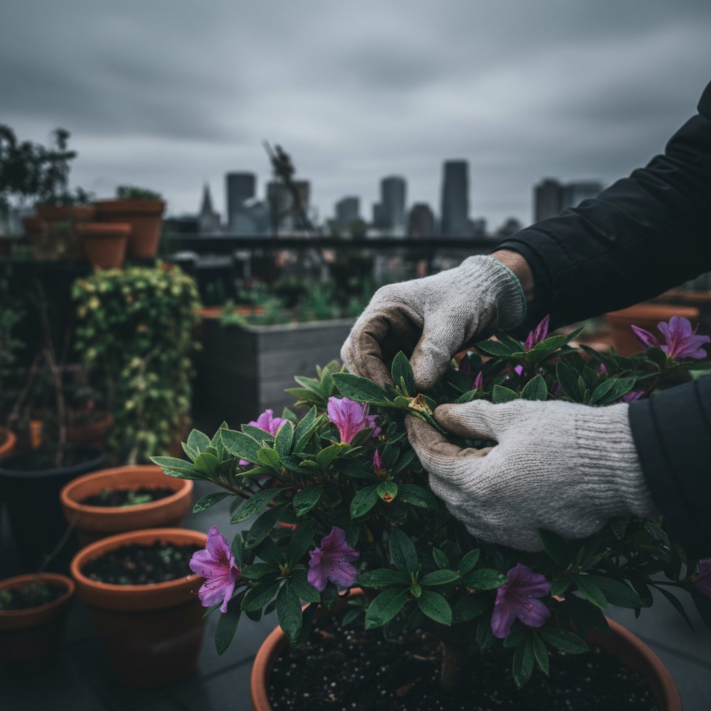 Zdjęcie ogrodu miejskiego z bliska, ręka ogrodnika sprawdza liście azalii, nastrojowe światło