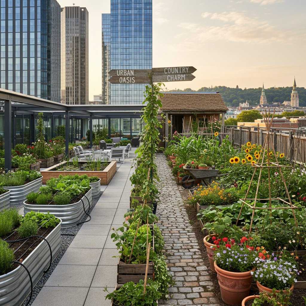 Widok ogrodu miejskiego na dachu i tradycyjnego wiejskiego ogródka, zestawienie dwóch światów