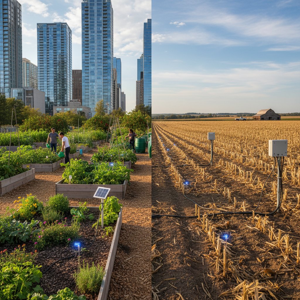 Zdjęcie podzielone na pół: ogród na dachu w mieście i działka na wsi, oba z widocznymi czujnikami
