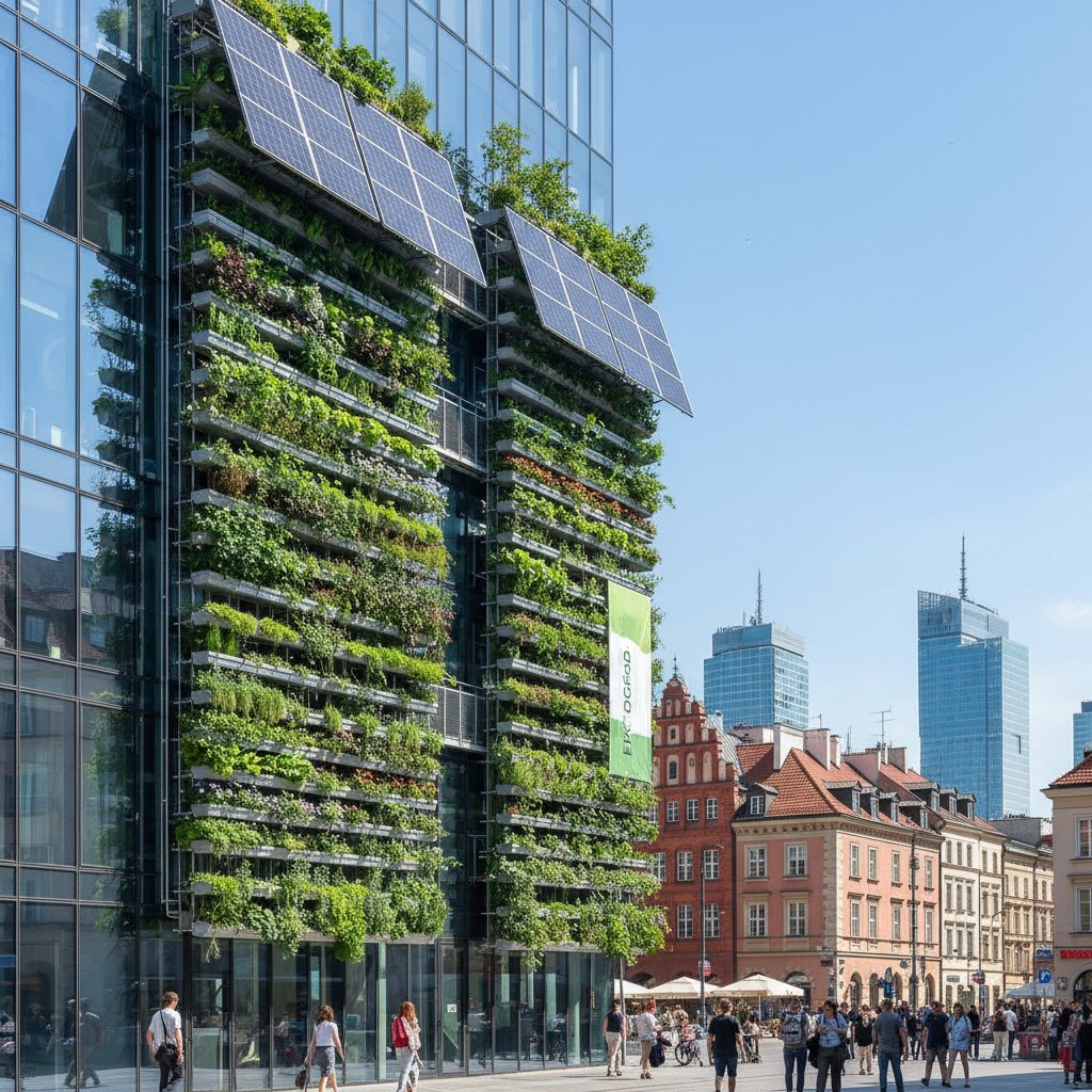 Przestrzeń miejska z ogrodem wertykalnym i panelami solarnymi, Polska
