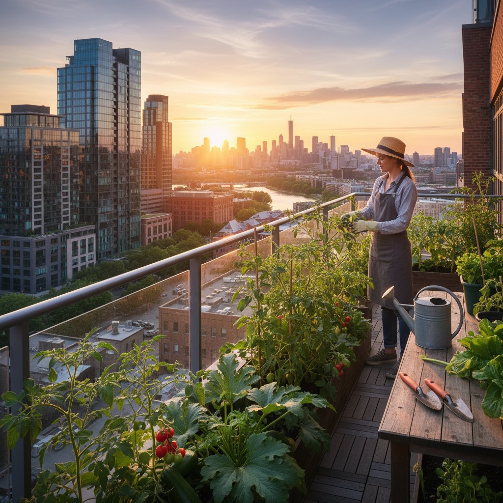 Miejski ogrodnik pielęgnujący warzywa na balkonie o zachodzie słońca, widok na panoramę miasta