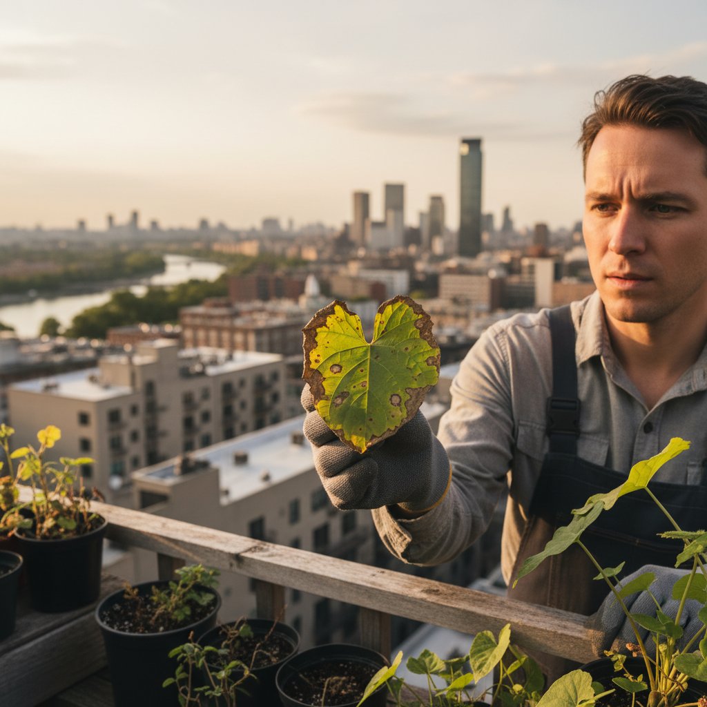 Miejski ogrodnik fotografujący chore liście rośliny na tle metropolii – rozpoznawanie szkodników roślin ze zdjęcia