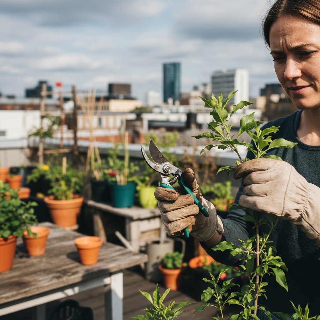 Intuicyjne cięcie roślin w miejskim ogrodzie – ogrodnik analizuje gałąź przed cięciem