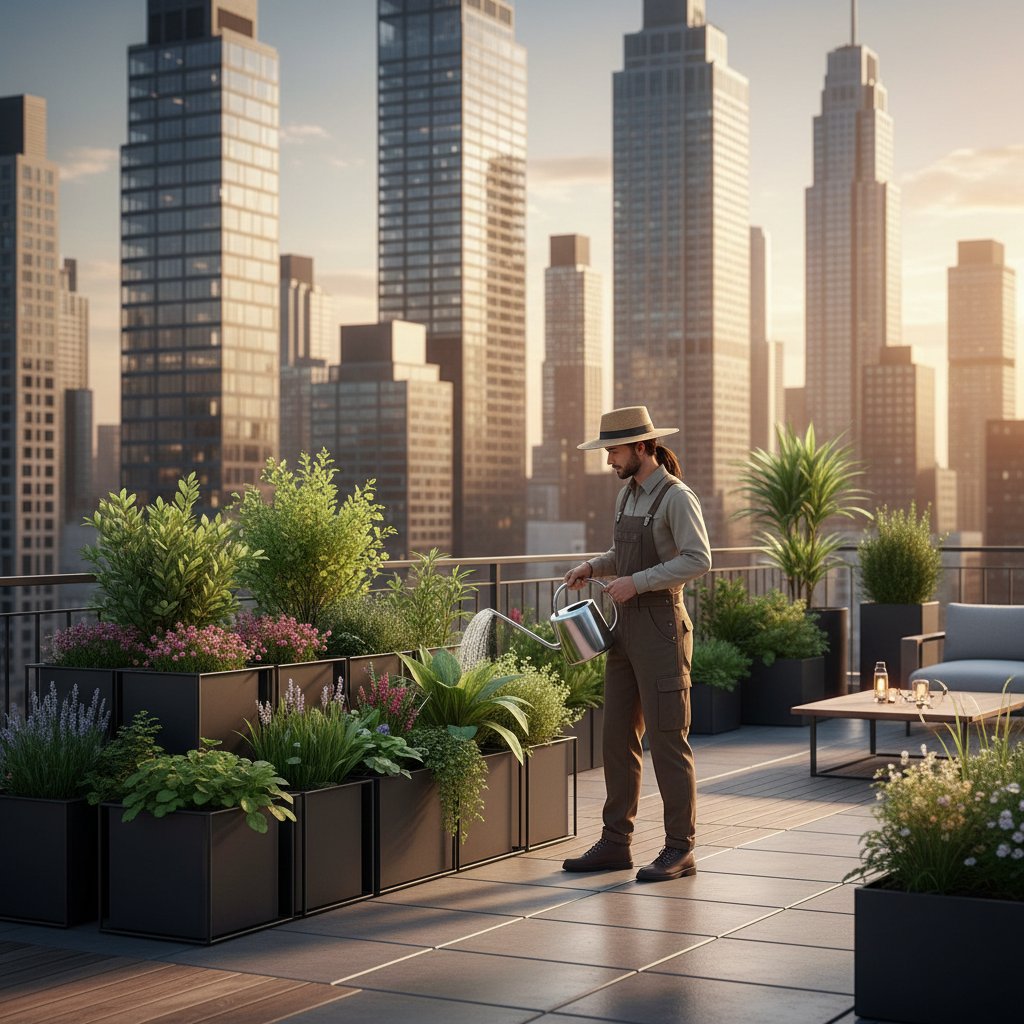 Miejski ogrodnik podlewający rośliny na dachu, panorama miasta w tle, zieleń, nowoczesny klimat