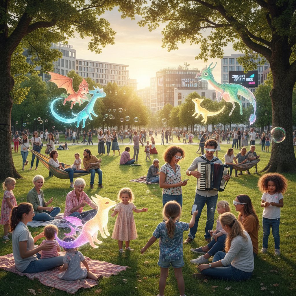 Menschen verschiedener Generationen mit virtuellen Haustieren im Park