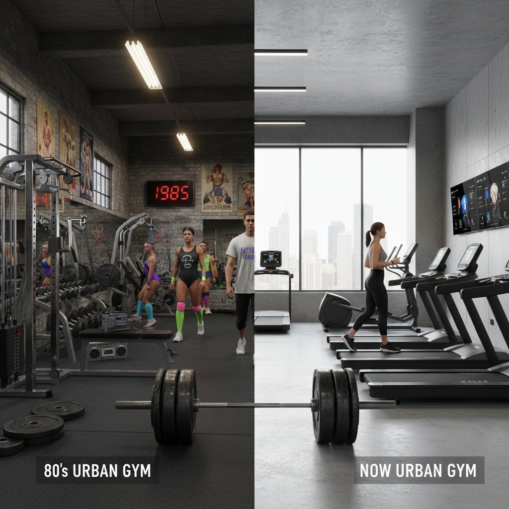 Zmiana podejścia do ćwiczeń pośladków na przestrzeni dekad, urban gym split 80s versus now