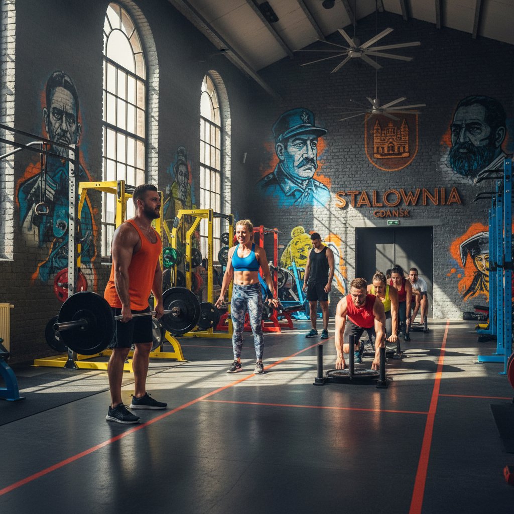 Urban gym w Gdańsku: klienci trenują razem pod okiem trenera, wyraz determinacji, silny kontrast kolorów