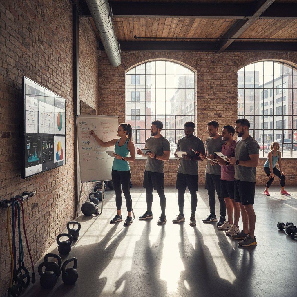 Ludzie w polskiej siłowni porównują plany treningowe, wyraźna frustracja