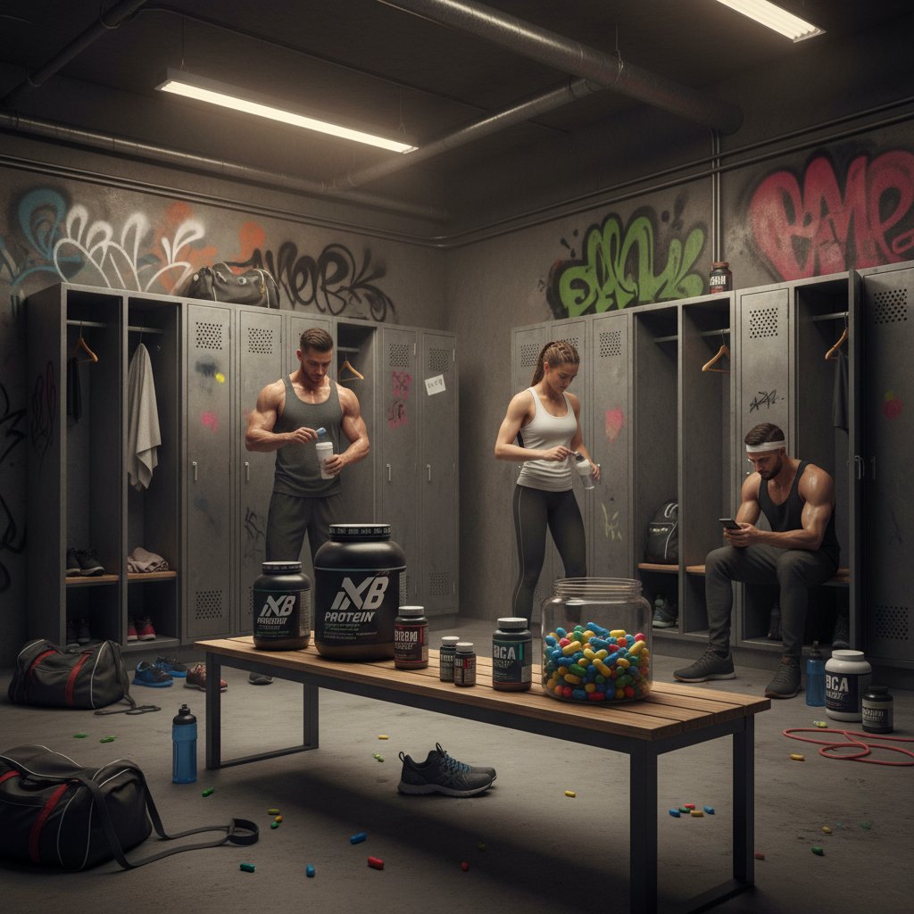 Szafka w miejskiej siłowni, z wysypującymi się kolorowymi kapsułkami odżywek, sportowcy w tle