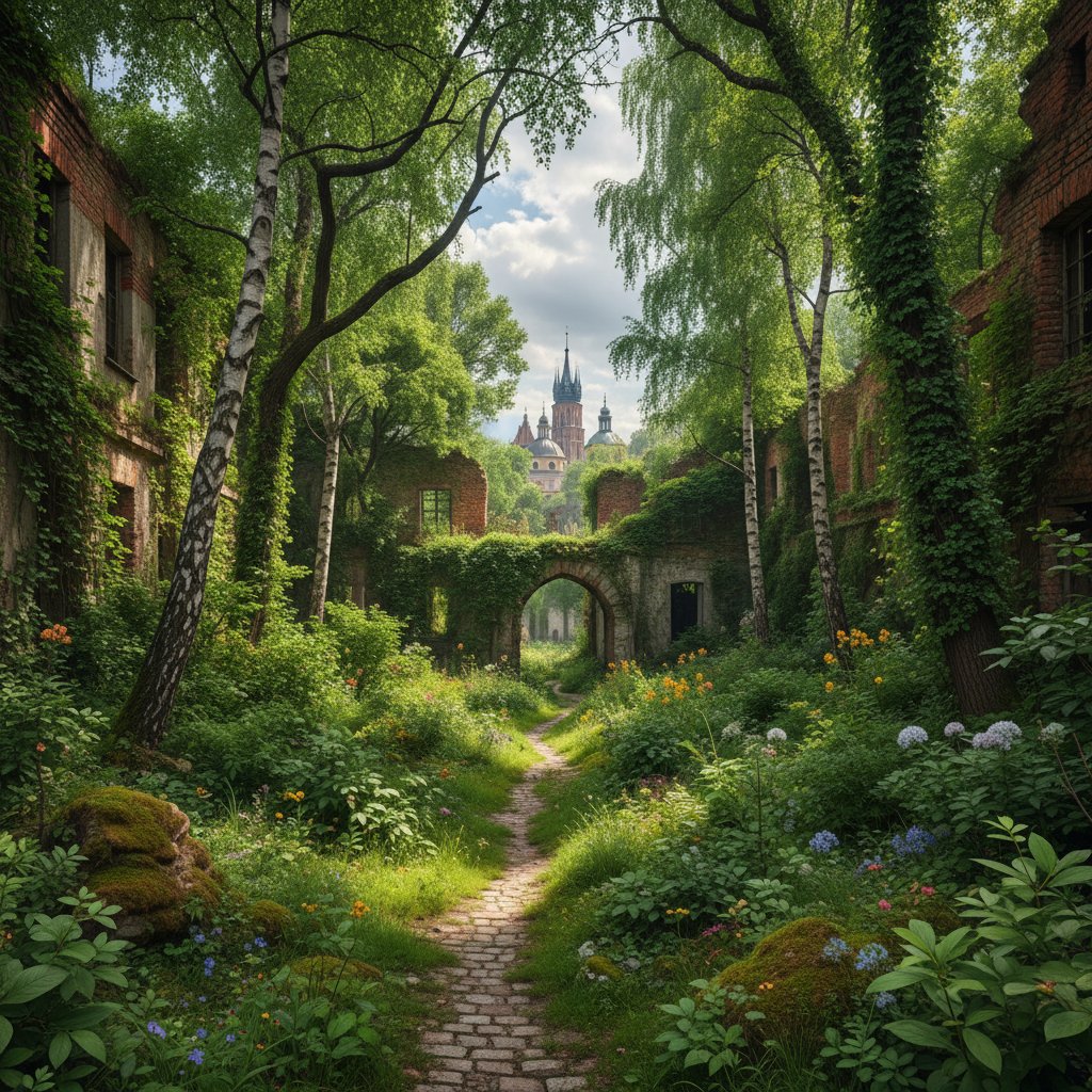 Miejski ogród w stylu urban jungle, gęsta roślinność, różnorodne drzewa, polskie miasto