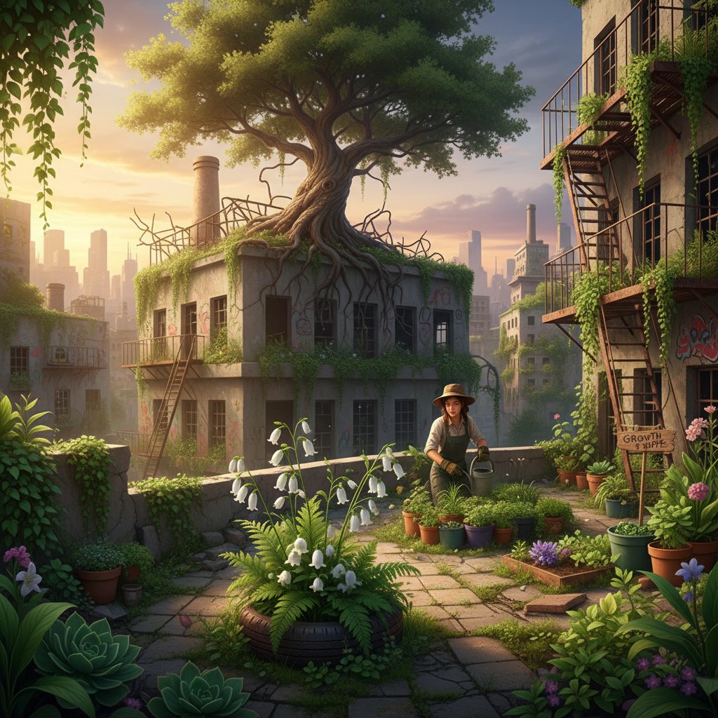 Współczesna dżungla domowa, różnorodne twarde rośliny, atmosfera nadziei i wytrzymałości