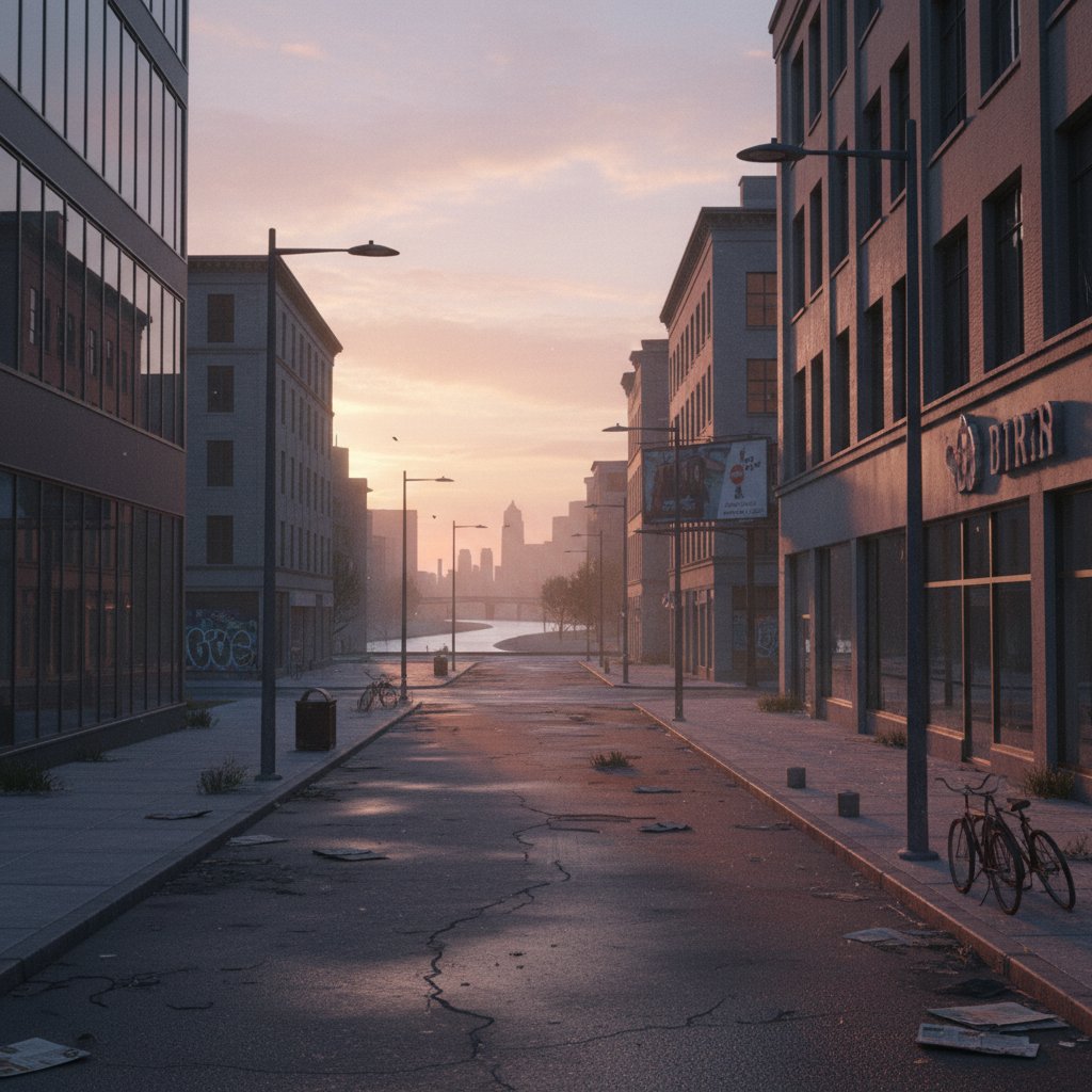 Opuszczone chodniki w polskim mieście o świcie, symbolizujące spadek popularności spacerów w Polsce