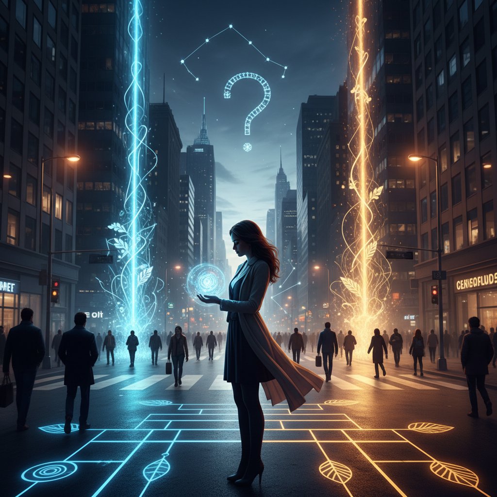 Kobieta na rozdrożu, symboliczne światło, decyzja życiowa