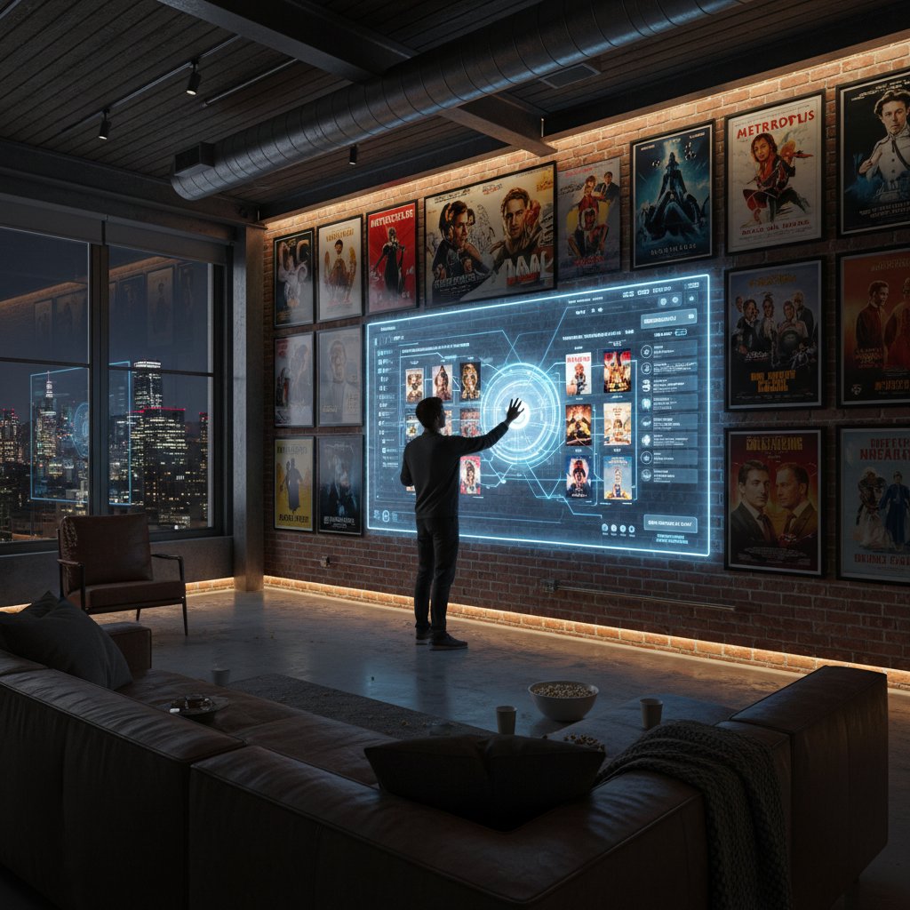 Person in an urban loft surrounded by movie posters and an AI interface projected on the wall, curating a personalized new releases movies list