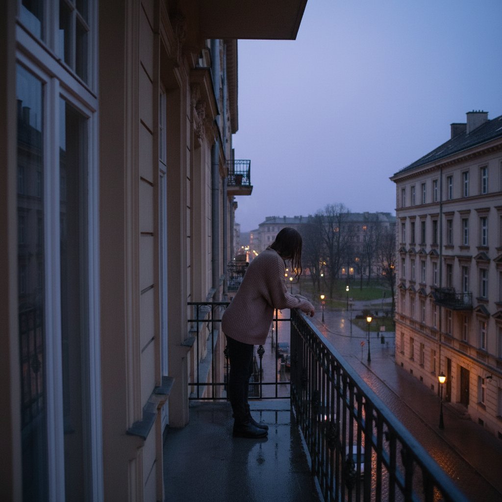 Osoba samotna na balkonie w polskim mieście o zmierzchu, ilustracja miejskiej samotności