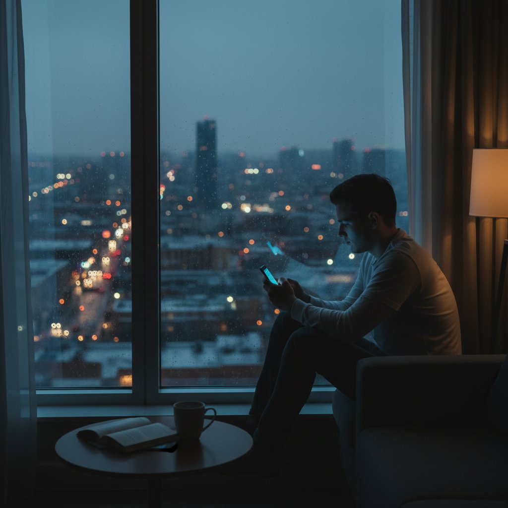 Młody dorosły z telefonem przy oknie w miejskim mieszkaniu, atmosfera stresu i samotności