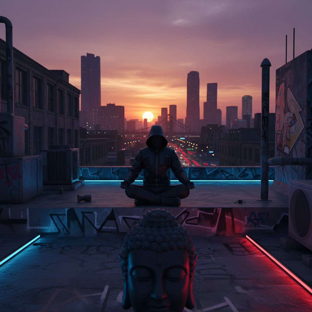 Uważność jako narzędzie walki z efektem rogu – osoba medytująca na dachu wieżowca o zmierzchu, miejski klimat, wyraziste światło