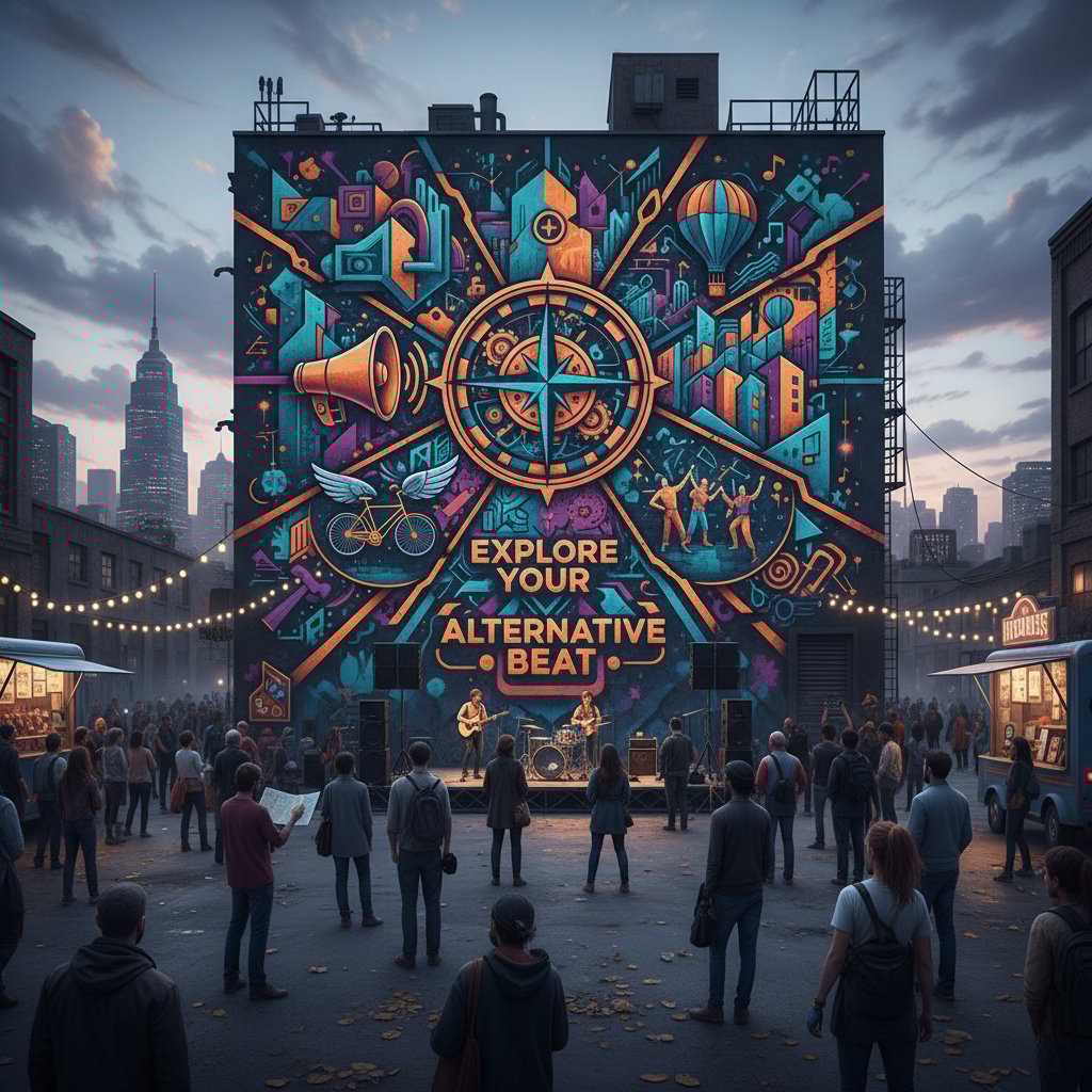 Grupa ludzi odkrywających miejskie murale i alternatywne wydarzenia na ulicy