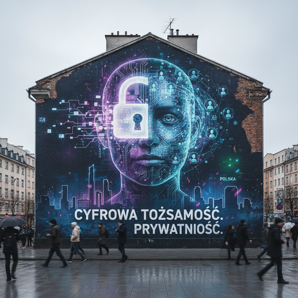 Mural w centrum miasta przedstawiający cyfrową tożsamość – polska kultura a prywatność online