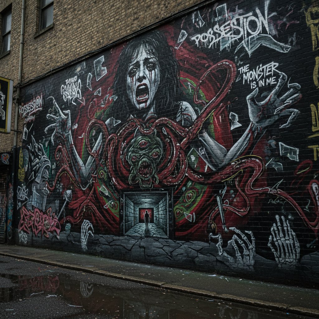 Urban mural depicting possession movie iconography, street art inspired by horror films