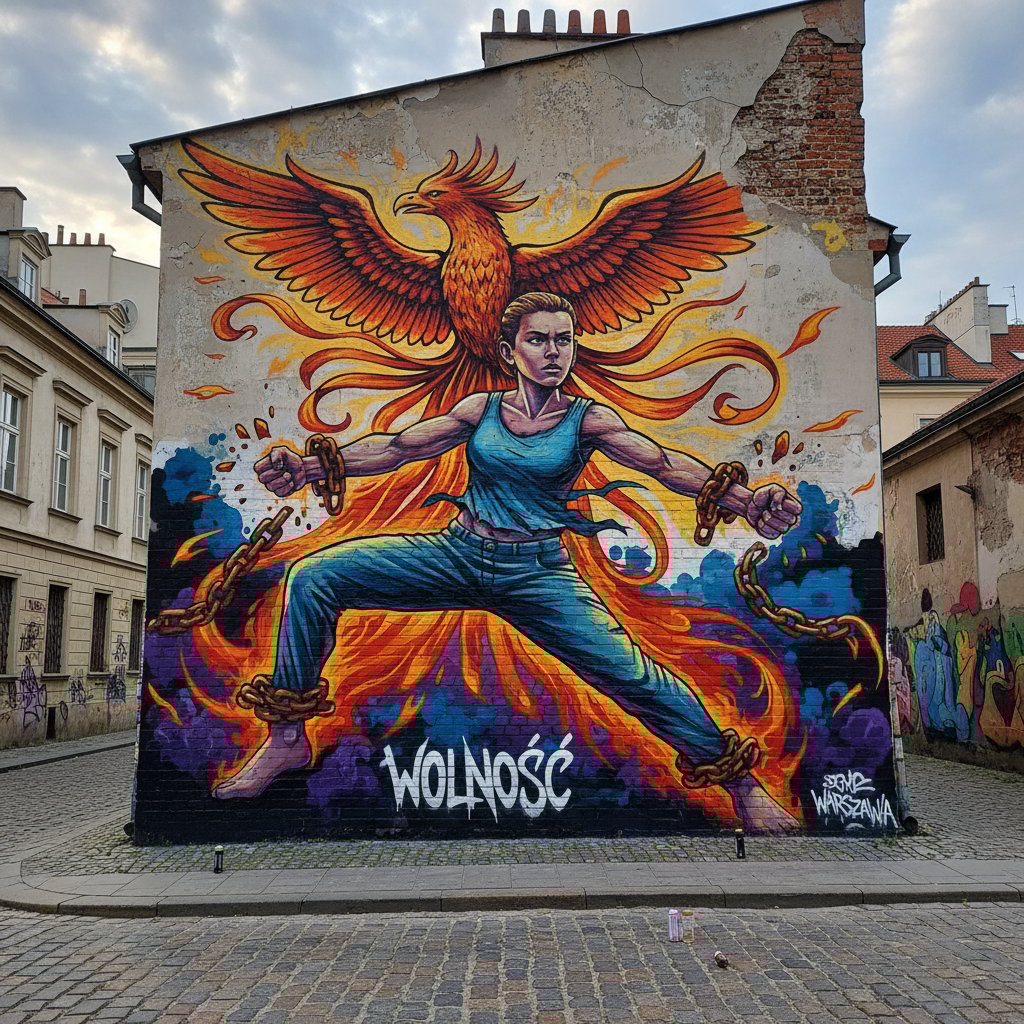 Mural młodej osoby zrywającej łańcuchy na ścianie w Warszawie, symbolizujący przełamywanie tabu traumy