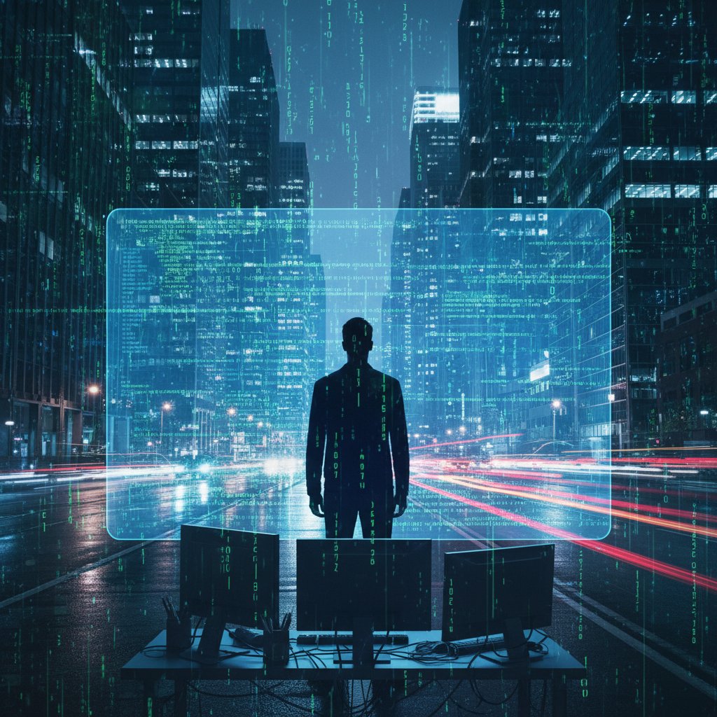 Człowiek przy komputerze, symboliczna cyfrowa atmosfera nocą, rozmowy filozoficzne online