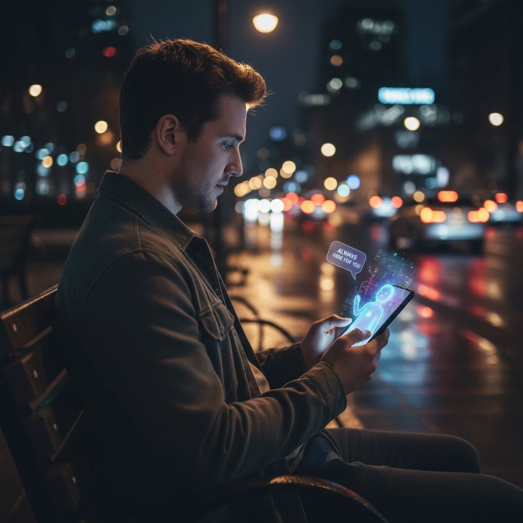 Młoda osoba rozmawiająca z AI na smartfonie nocą, symbol wsparcia emocjonalnego i unlimited chatgpt