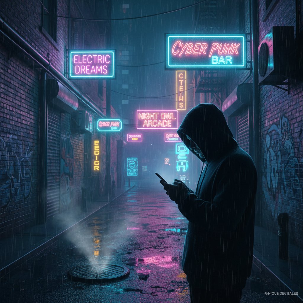 Osoba samotnie korzystająca z telefonu w nocnym mieście, alternatywa dla medytacji online, światło neonów, nocny klimat
