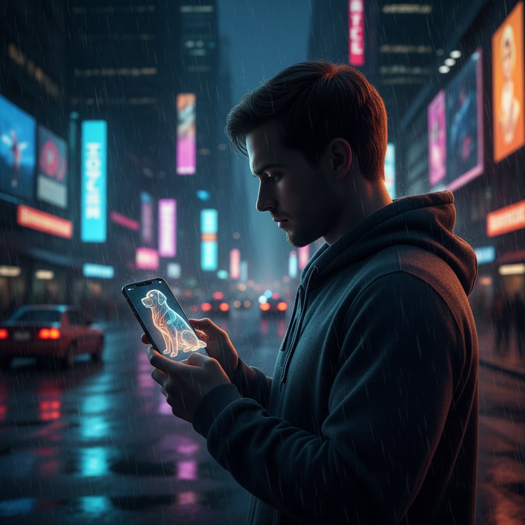 Osoba patrząca na ekran telefonu z wirtualnym psem – samotność w świecie cyfrowym