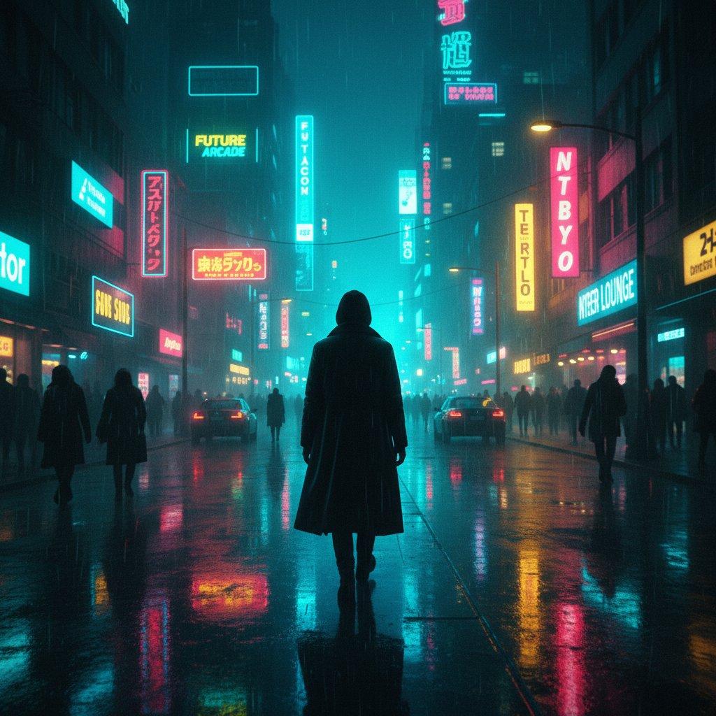 Noc w mieście, osoba odchodzi od tłumu, neony, samotność, symbol niezależności