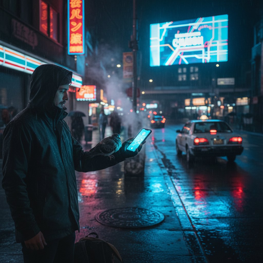 Person sucht nachts am Smartphone nach psychologischer Hilfe, urbaner Nachtblick, leuchtendes Display als Hoffnungsschimmer