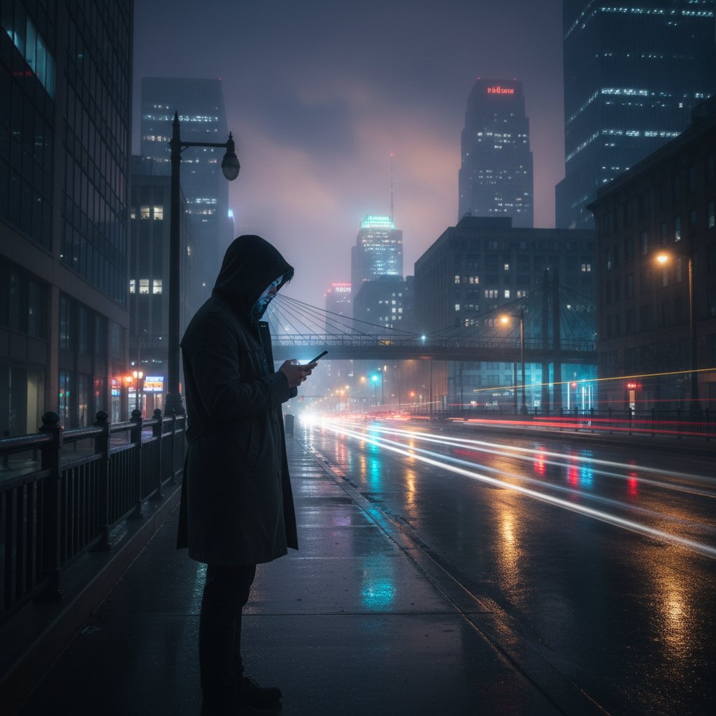 Samotny człowiek z telefonem nocą w mieście, rozmowy o zdrowiu w cyfrowym świecie