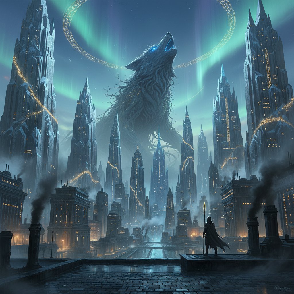 Urban scene with mythic elements, atmospheric lighting, inspired by Nordic mythology
