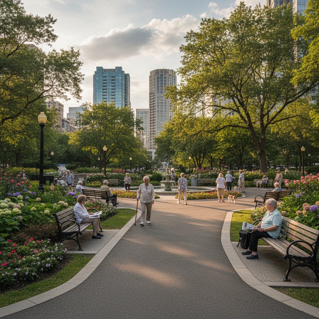 Miejski park z seniorami spacerującymi, niskie krawężniki i liczne ławki