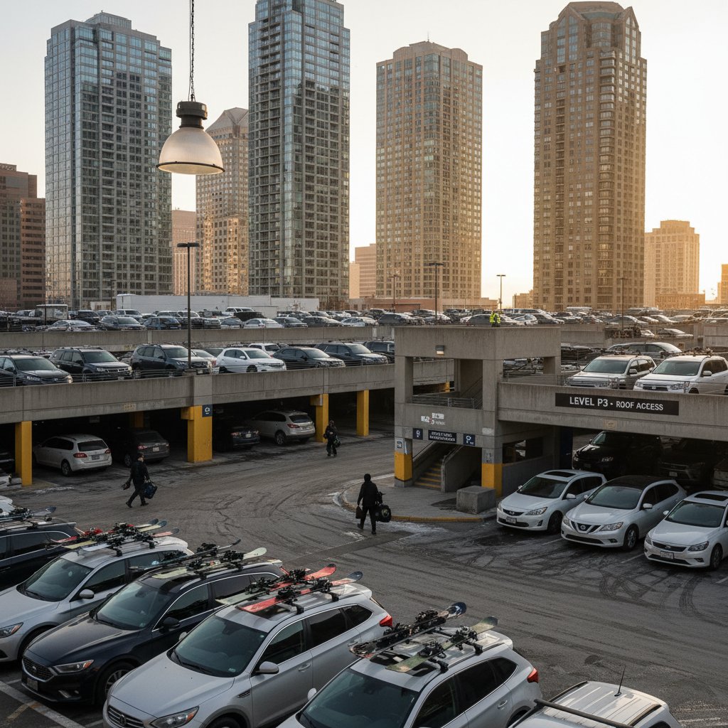 Urban scene with multiple cars sporting unique ski racks, city lights, and diverse car models, ski rack cars as status symbols