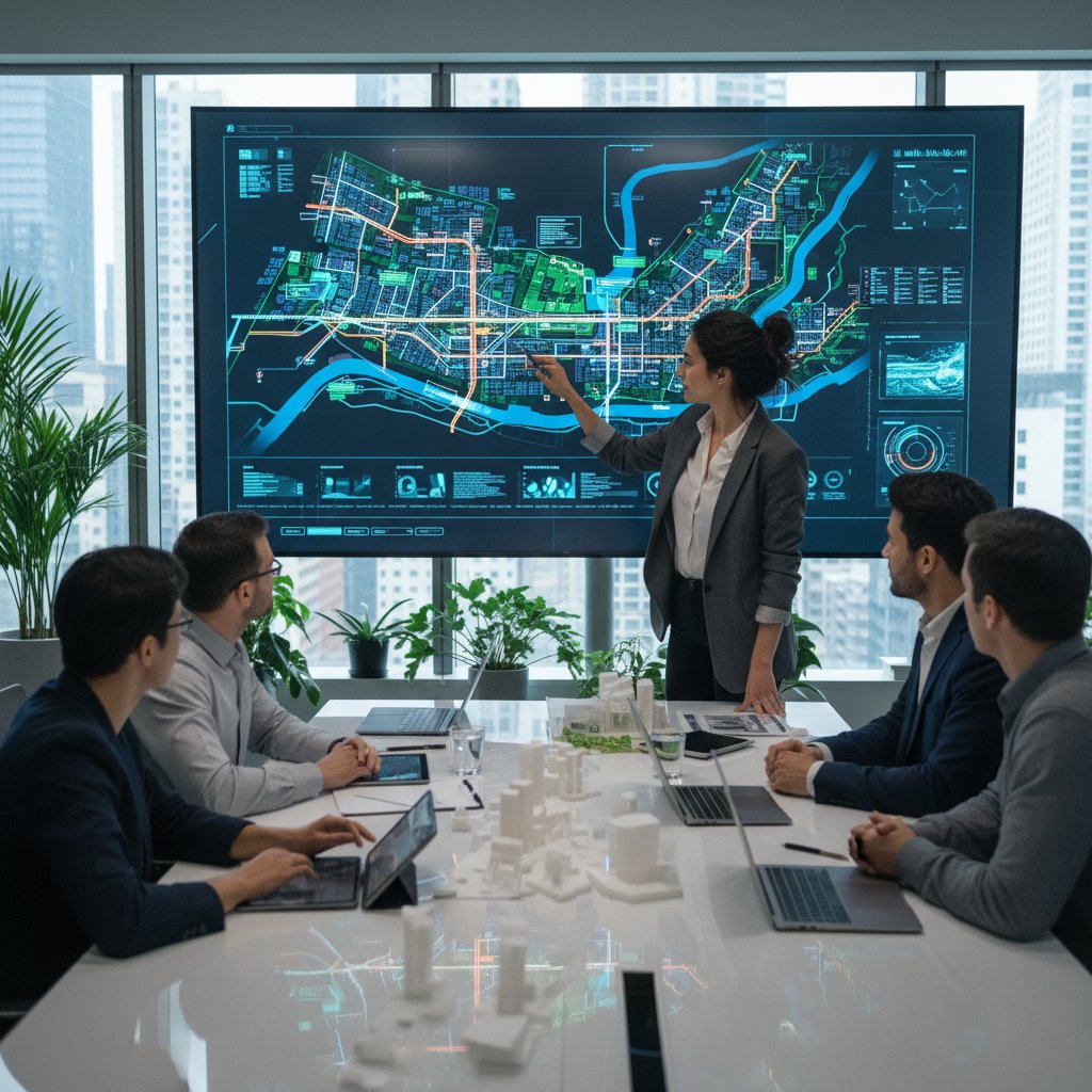 Urbanista analizujący cyfrową mapę miasta na dużym ekranie w nowoczesnym biurze