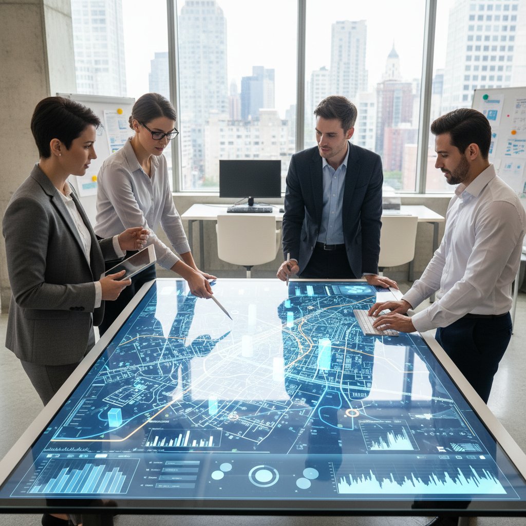 Zespół urbanistów i biznesmenów analizujących cyfrową mapę miasta na dużym ekranie