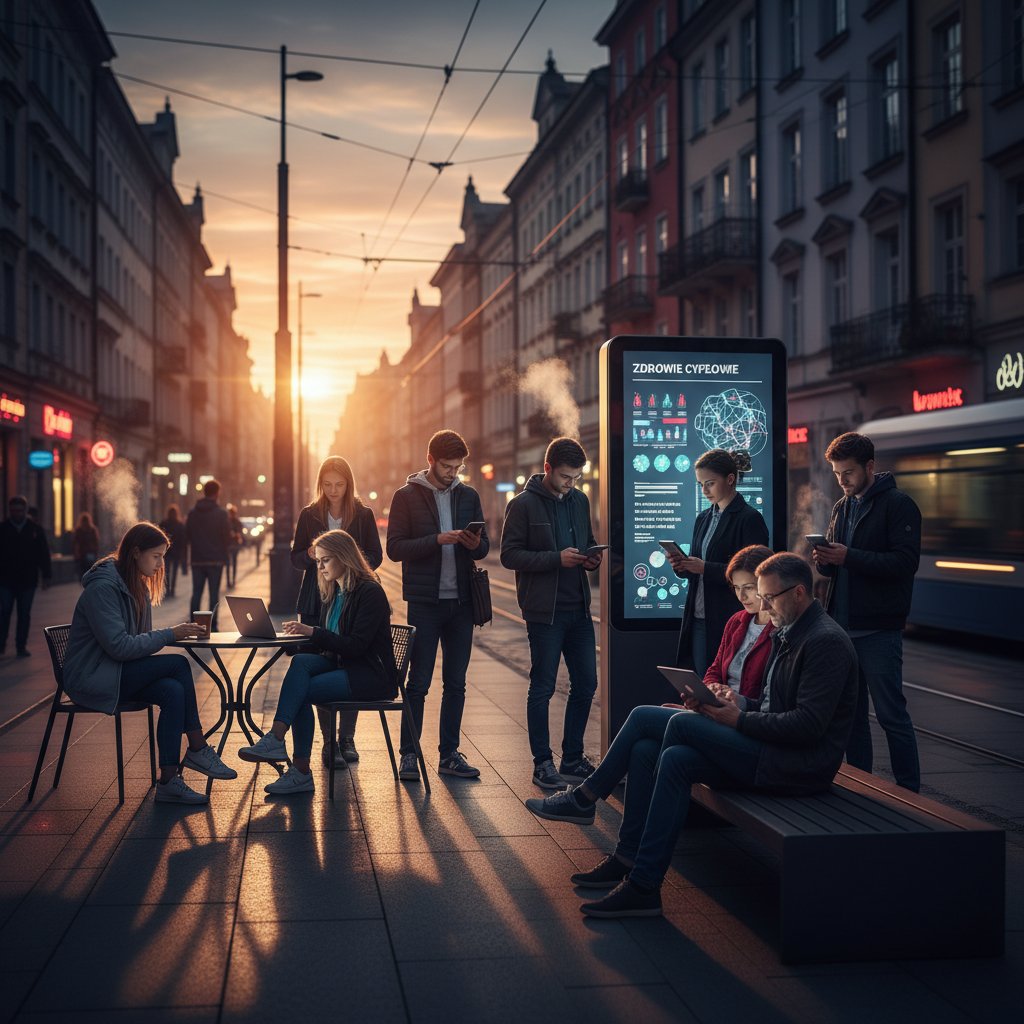 Młodzi i dorośli Polacy korzystający z aplikacji do zdrowia w miejskiej przestrzeni, ikony zdrowotne, wieczorne światło, atmosfera wyzwań cyfrowych