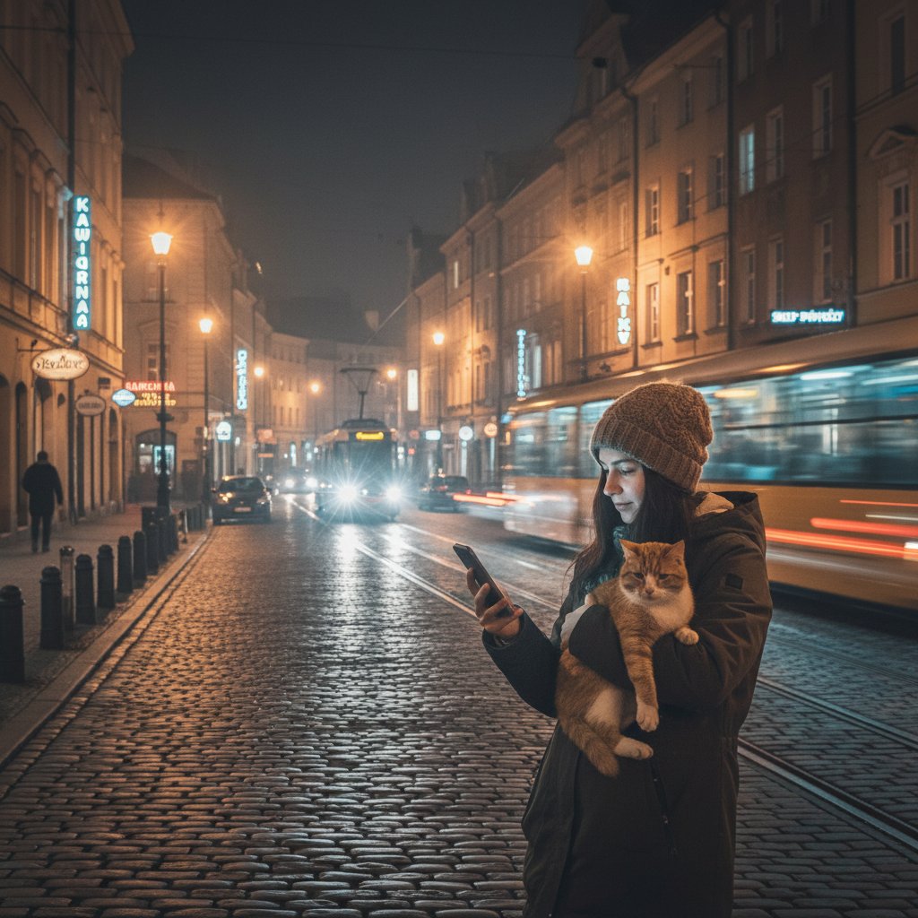 Kobieta w nocy trzymająca telefon i kota z widokiem na miasto – nagła sytuacja zdrowotna, pomoc weterynarza na telefon