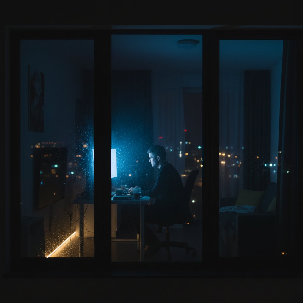 Osoba w nocnym mieszkaniu w Warszawie, patrząca w ekran laptopa, poczucie samotności