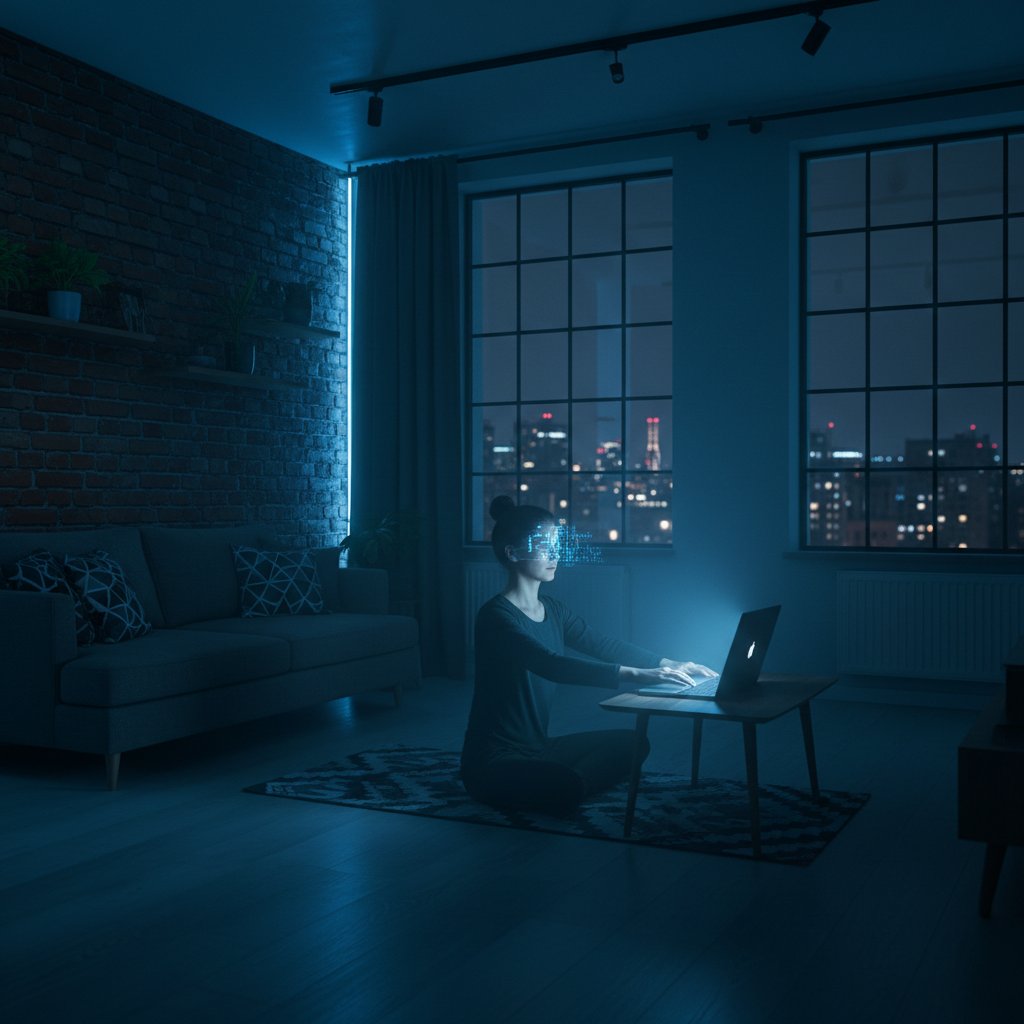 Osoba siedząca wieczorem na macie z laptopem, łagodna niebieska poświata, cyfrowe linie światła – techniki relaksacyjne AI w polskim mieszkaniu